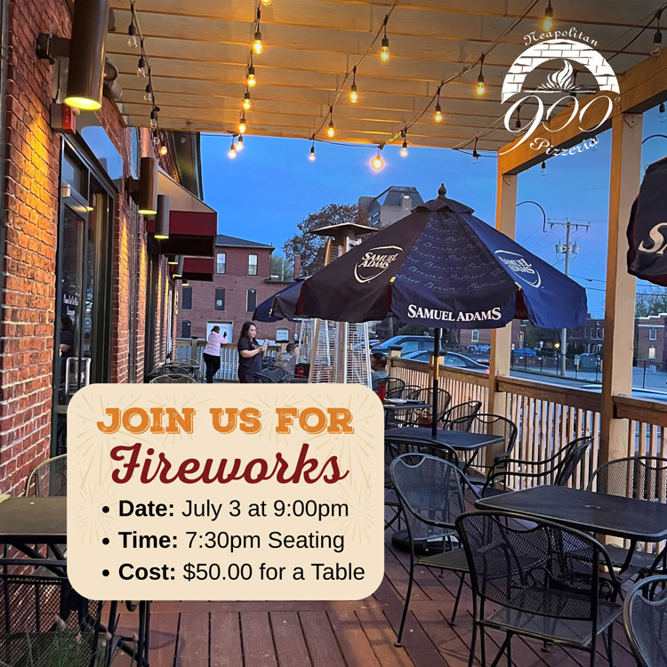 Watch 2025 Manchester NH Fireworks at 900 Degrees Neapolitan Pizzeria near Arms Park.