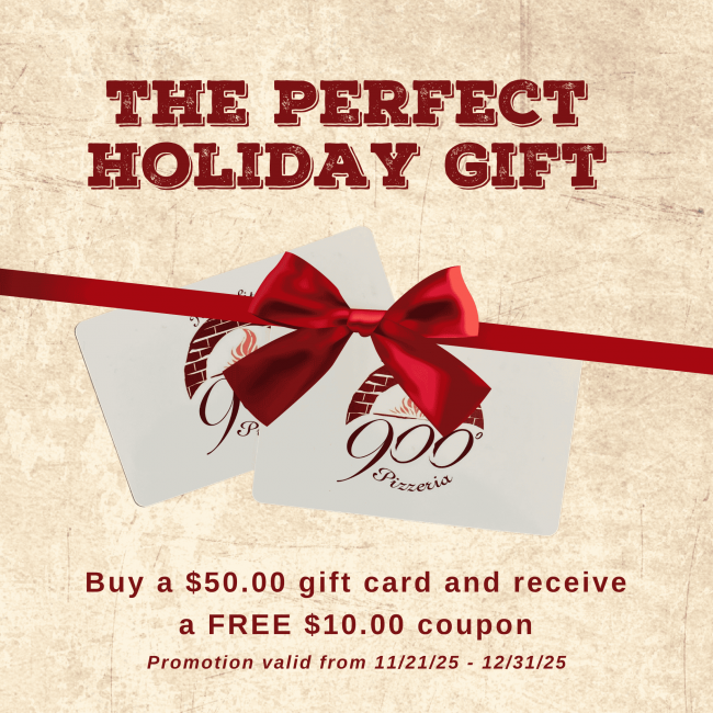 Enjoy the 2025 900 Degrees Holiday Gift Card Promotion, where if you purchase a $50.00 900 Degrees gift card, you receive a $10.00 900 Degrees Coupon.