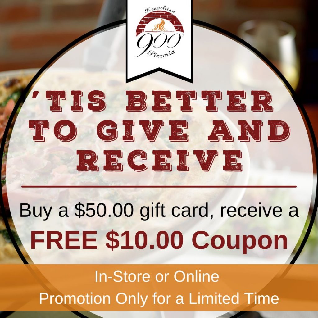 Purchase a 900 Degrees gift card online. Holiday savings near Manchester NH. Restaurant gift cards to get for Christmas.