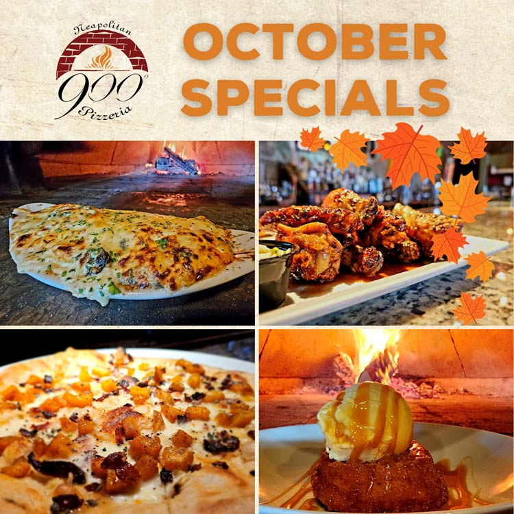 241003-900-Website-October-Specials 900 Degrees October Specials, including Apple Cider Glazed Wings, Spinach Artichoke Dip, Butternut Bacon Pizza, Apple Cider Donut Sundar.