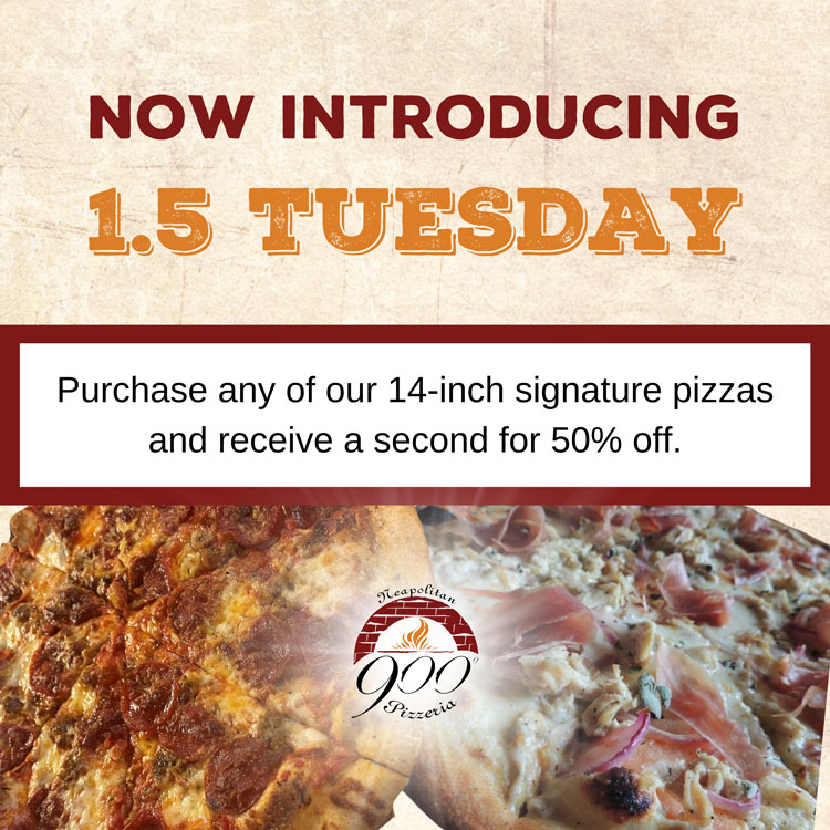 Join us at 900 Degrees Neapolitan Pizzeria for the 1.5 Tuesday pizza deal in Manchester, NH.