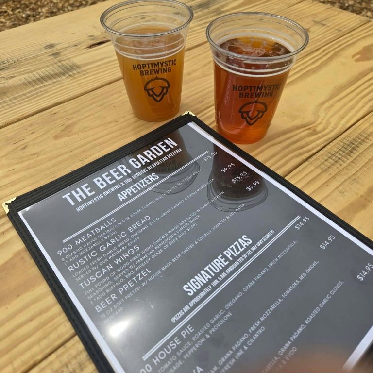 900 Degrees and Hoptimystic Brewing Menu Outdoor Dining at 900 Degrees and Hoptimystic Brewing Beer Garden in Bow